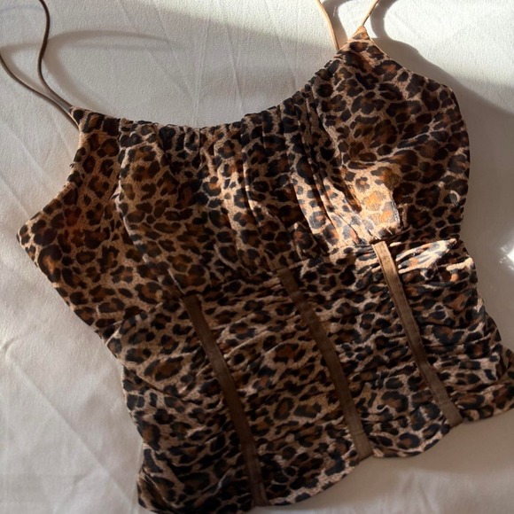 Princess Polly Tops - Princess Polly Leopard Ruched Mesh Corset Crop Top Brown Y2K Festival Size 2